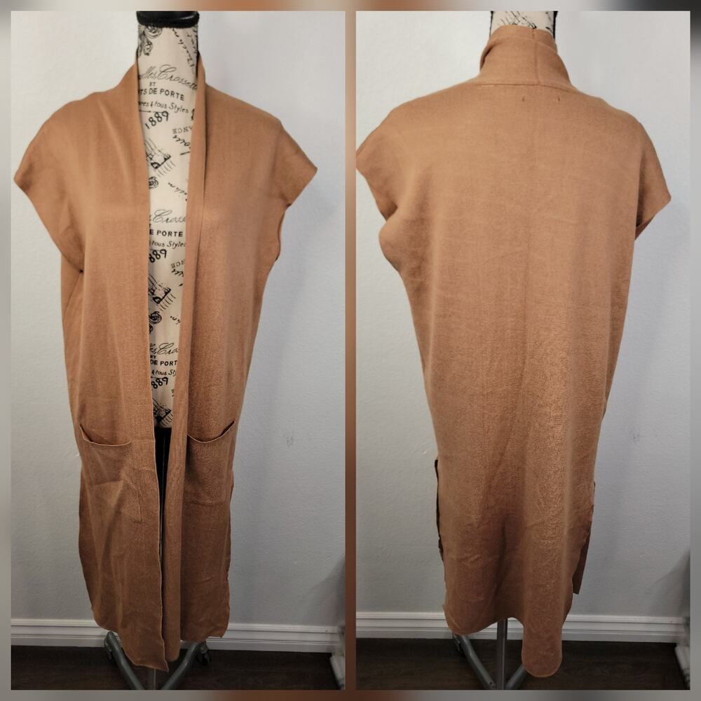 TAHARI Knit Duster Cardigan Womens Sz Large Sleeveless Camel NEW